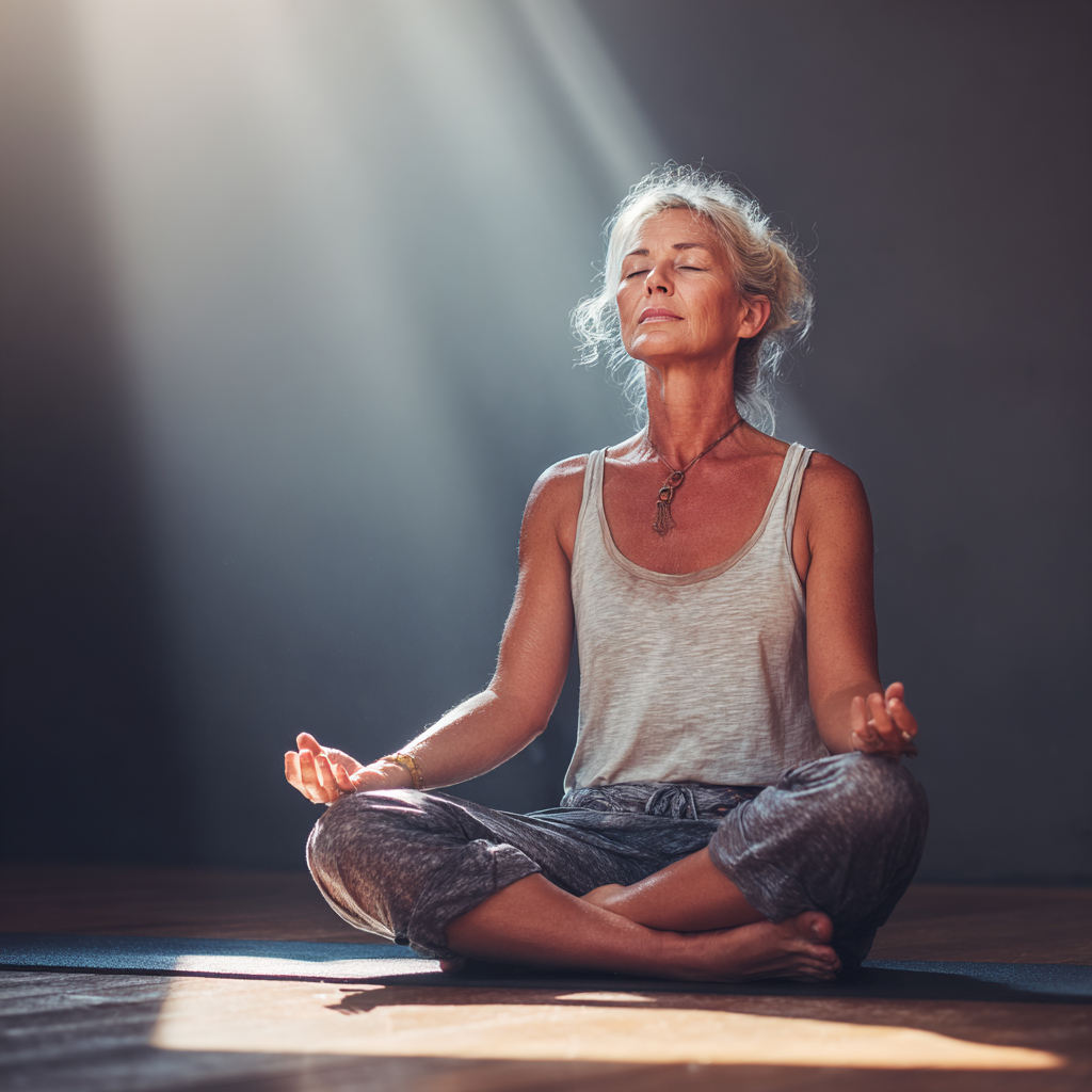 50 years old Woman in her fifties practicing yoga meditation in peaceful studio environment