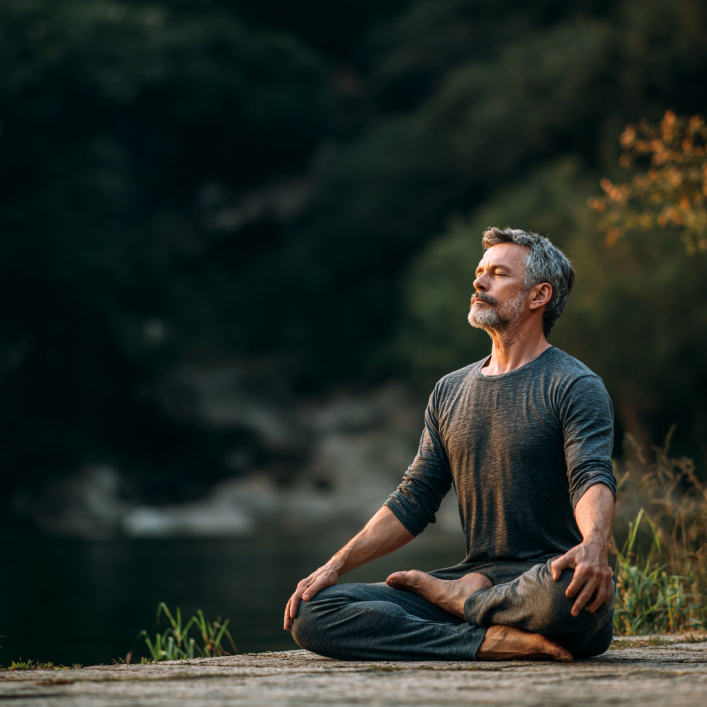 51 years old man practicing gentle yoga stretches in serene natural setting