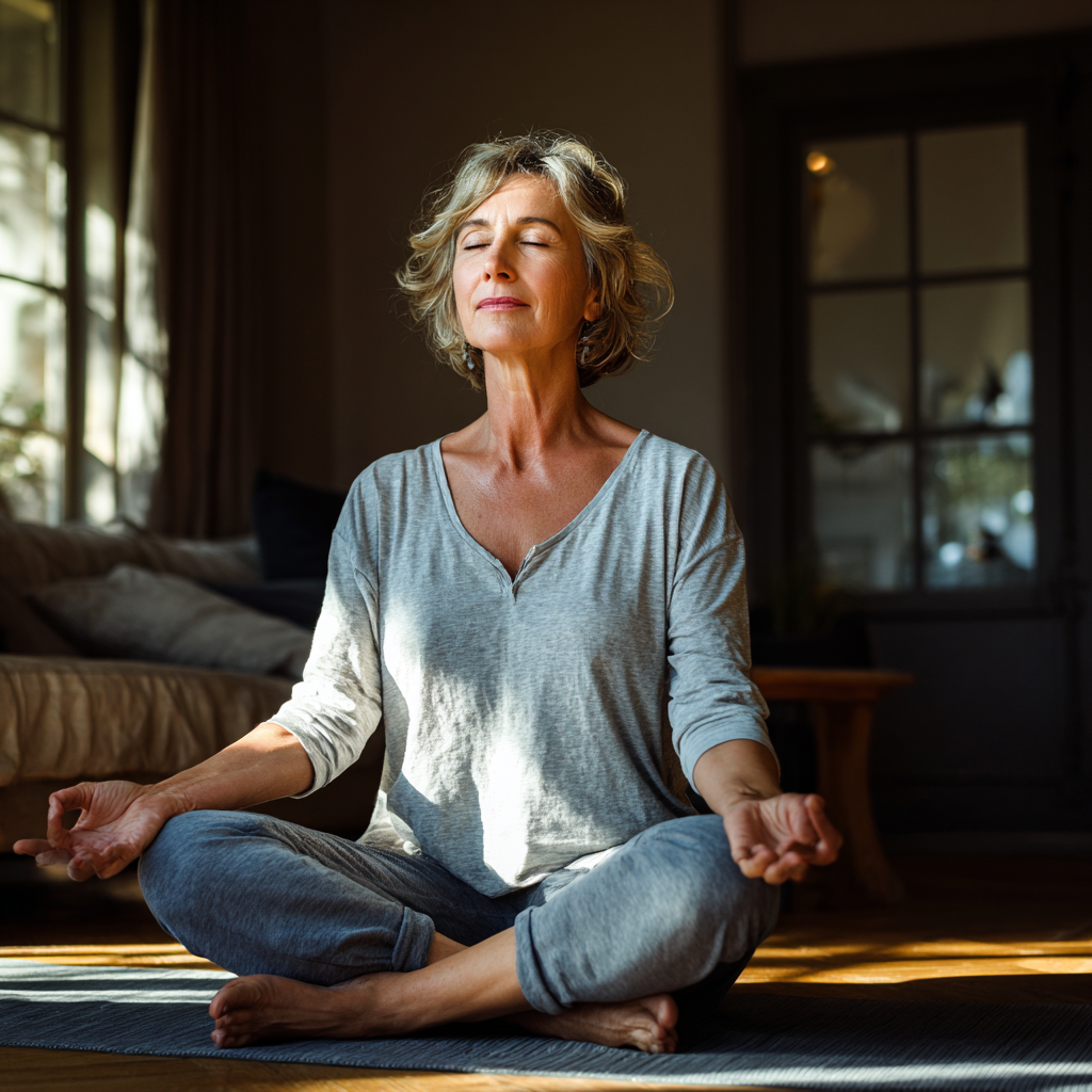 52 years old woman in comfortable yoga pose during peaceful meditation session